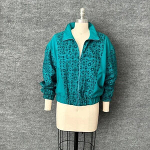 Vintage 90s LBH Windbreaker Womens Medium Teal Green Geometric Sporty Jacket